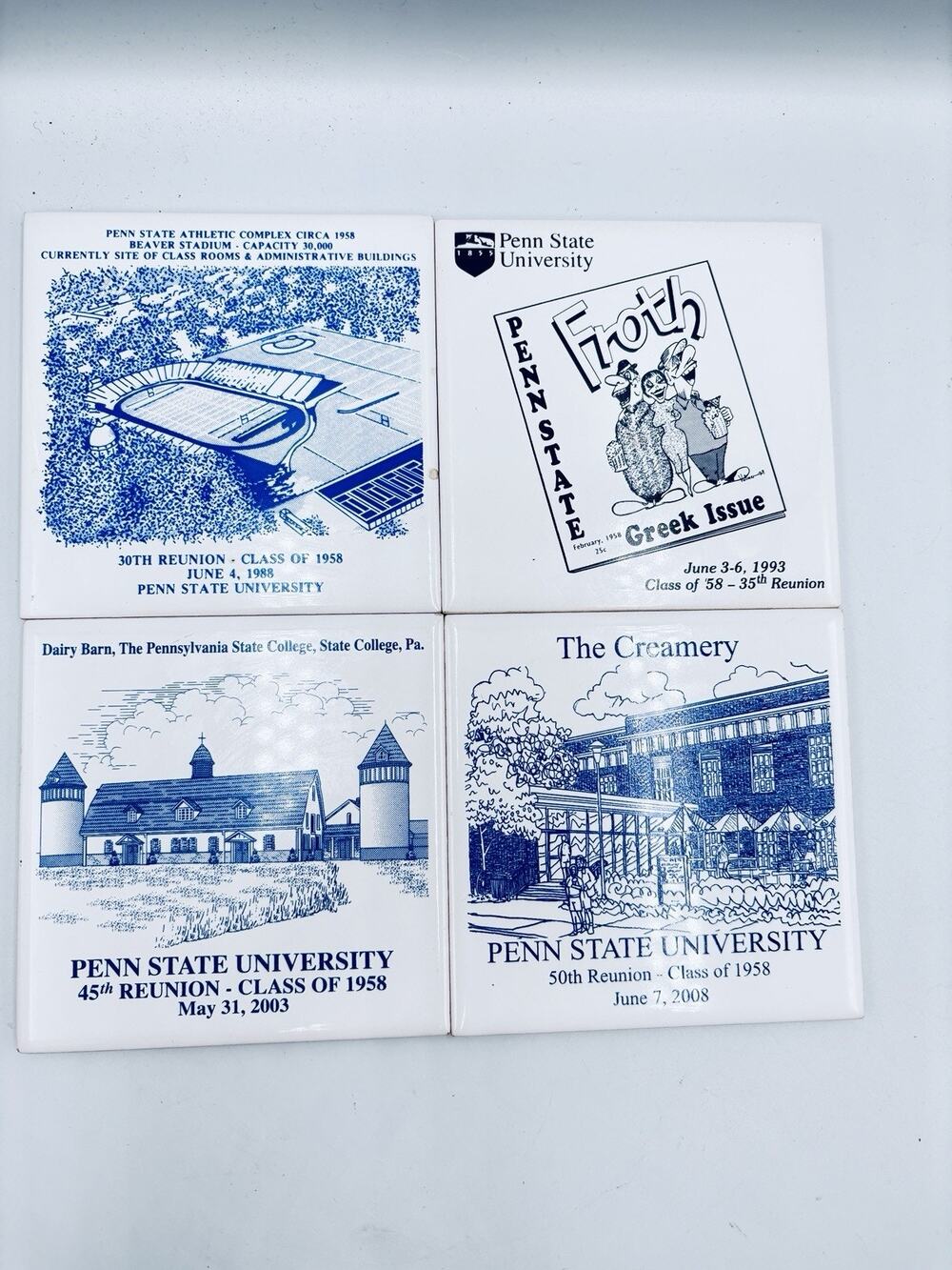 Penn State University Set of 4 Coasters Tile with Cork Class of 1958 88,93,03,08